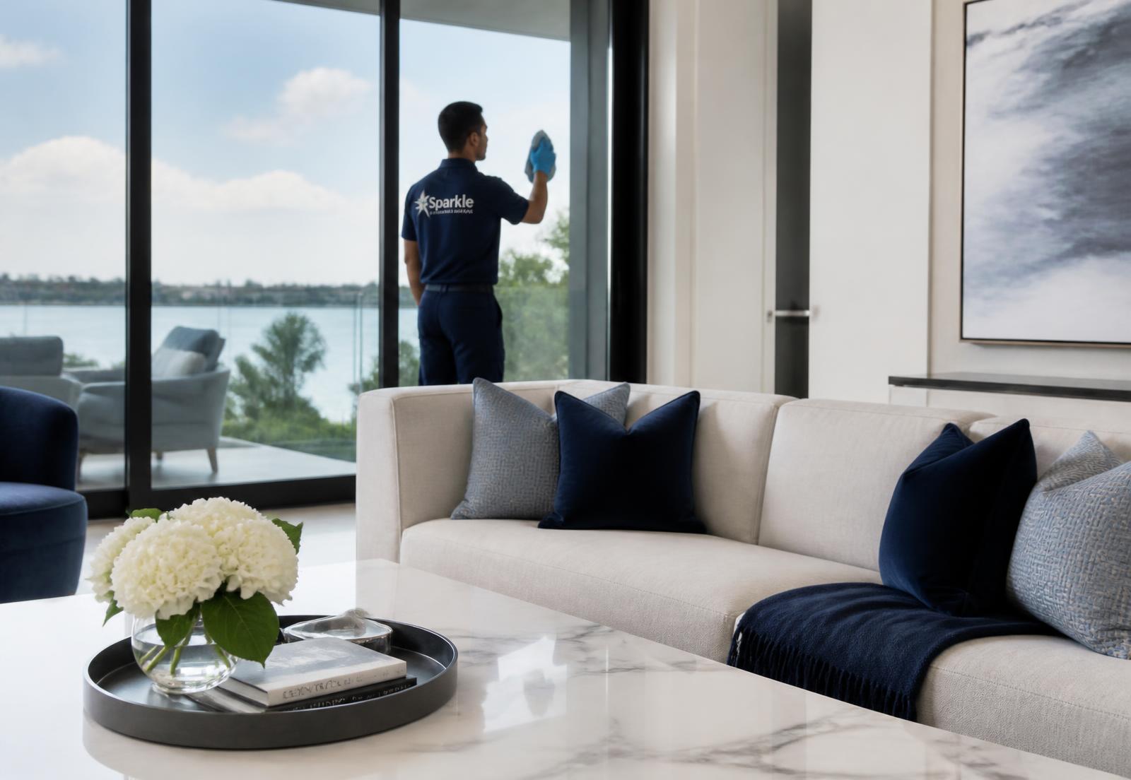 Spotless modern living room being detailed by a Vannor Clean Co. technician